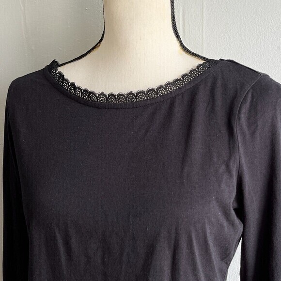 Boden Top Womens 6 Black Lace Trim Detail‎ Long Sleeves Cotton Blend Effortless - Picture 4 of 13